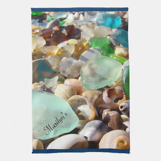 Your Name Hand Towels Personalized Blue Seaglass (Vertical)