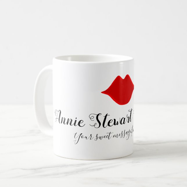 your name handwritten + red lips + custom message coffee mug (Front Left)