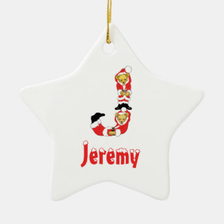 Your Name Here! Custom Letter J Teddy Bear Santas Ceramic Ornament