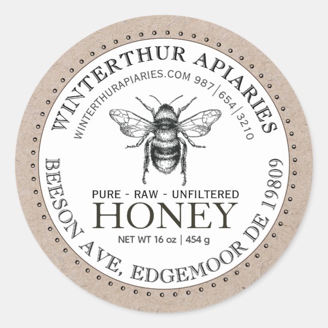 Your Name Here Editable Kraft Honey Jar Bee Label (Front)