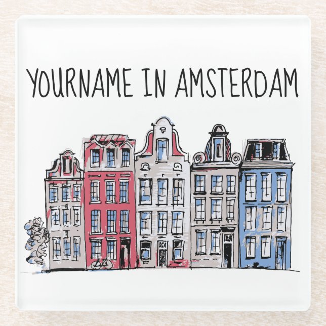 Your Name in Amsterdam Waterfront Damrak Buildings Glass Coaster (Front)