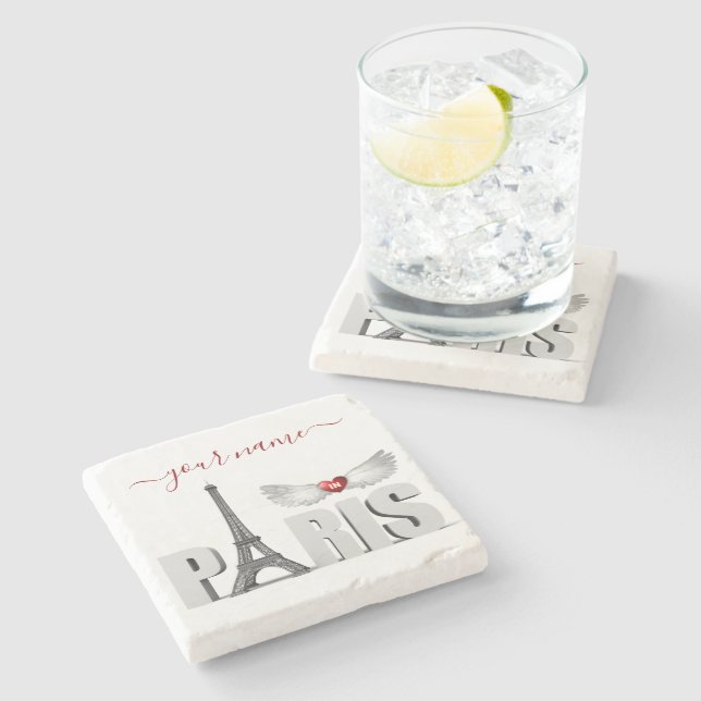 Your Name in Paris Eiffel Tower Heart Angel Wings Stone Coaster (Side)