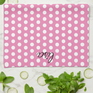 your name in pink and white dots trendy pattern kitchen towel