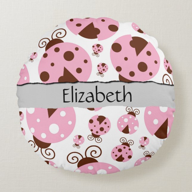 Your Name - Ladybugs, Ladybirds - Pink Brown Round Pillow (Front)
