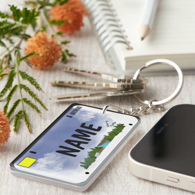 Your Name License Plate Blue Skies Keychain (Front Right)