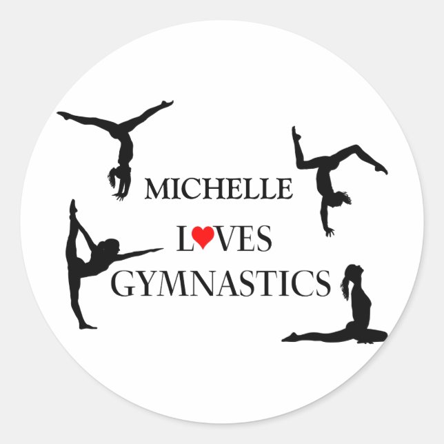 "YOUR NAME" Loves Gymnastics Classic Round Sticker (Front)