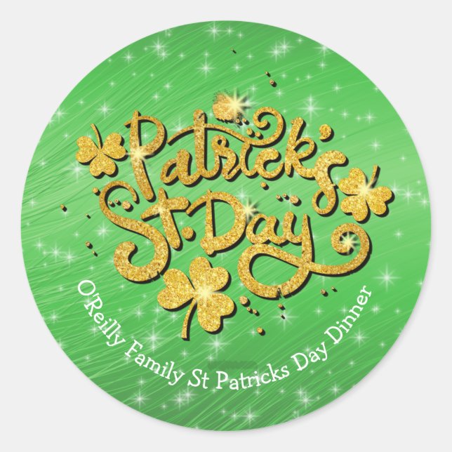 Your Name Message St Patricks Day Gold Shamrock Classic Round Sticker (Front)
