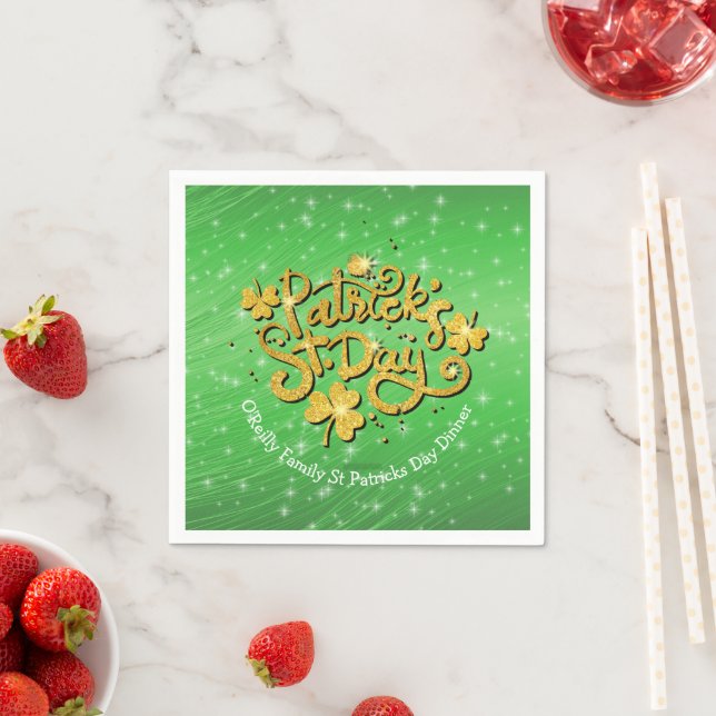 Your Name Message St Patricks Day Gold Shamrock Napkin (Insitu)