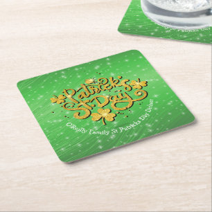 Your Name Message St Patricks Day Gold Shamrock Square Paper Coaster