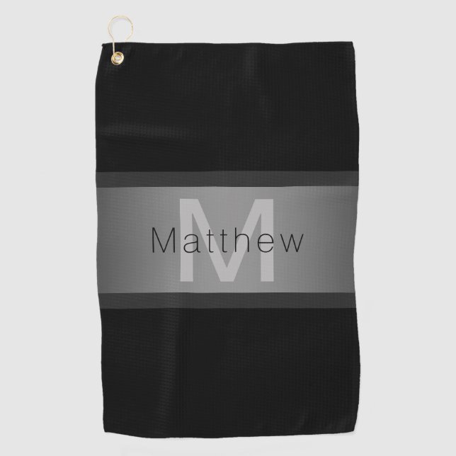 Your Name & Monogram | Black & Grey Golf Towel (Front)