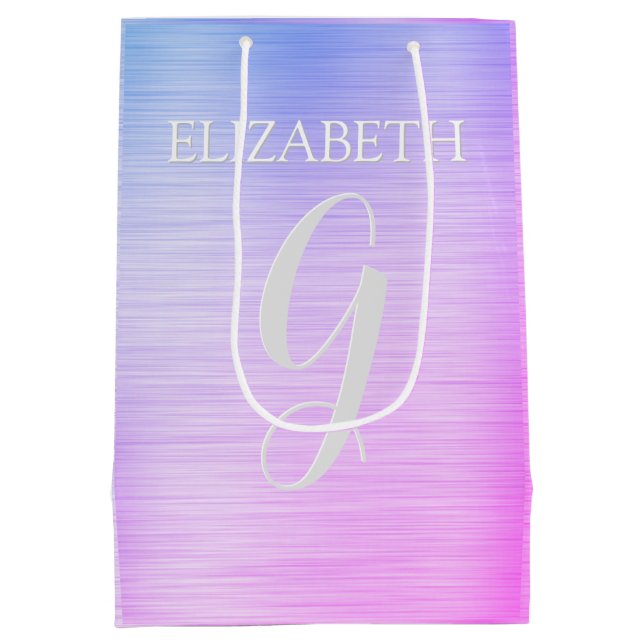 Your Name & Monogram Brushed Steel Blue & Violet Medium Gift Bag (Back)