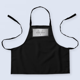 Your Name & Monogram   Greys Black & Faux Silver Apron
