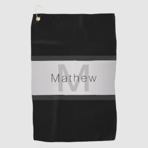 Your Name & Monogram   Greys Black & Faux Silver Golf Towel