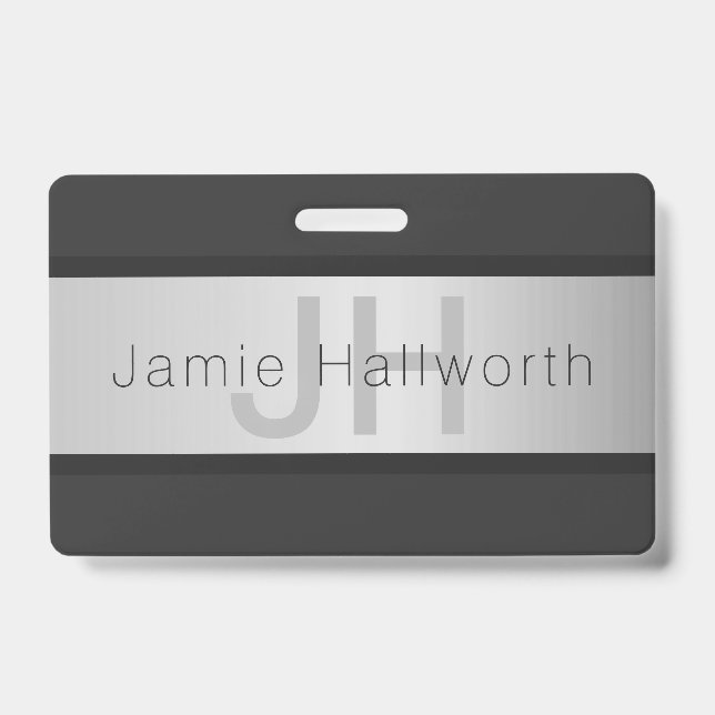 Your Name & Monogram | Greys & Faux Silver Look Badge (Front)