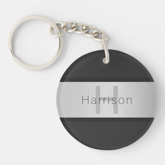 Your Name & Monogram | Greys & Faux Silver Look Keychain (Front)