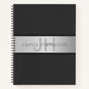 Your Name & Monogram Greys & Faux Silver Look Notebook