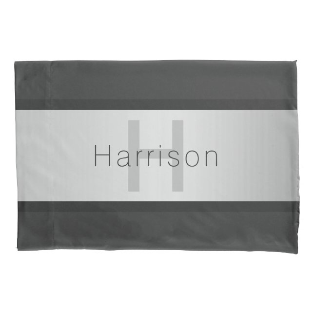 Your Name & Monogram | Greys & Faux Silver Look Pillowcase (Front-Left)
