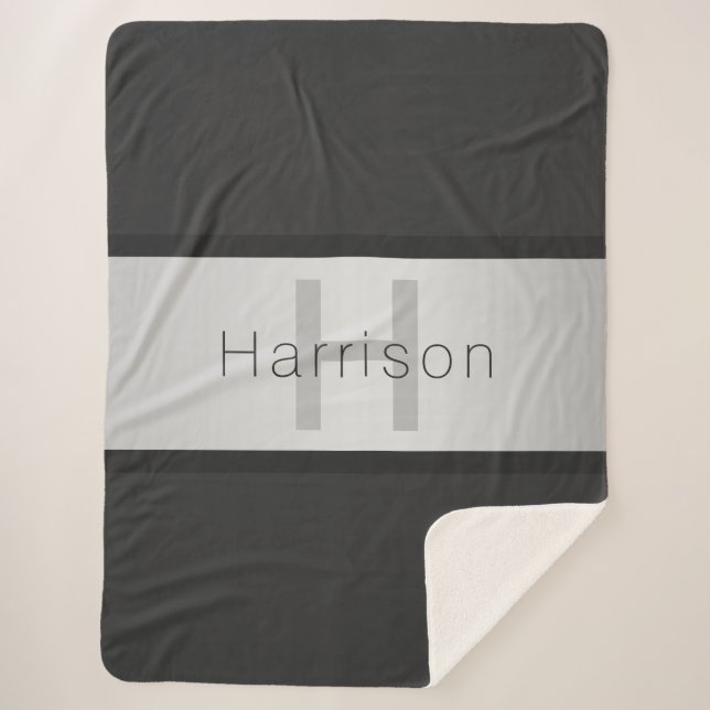 Your Name & Monogram | Greys & Faux Silver Look Sherpa Blanket (Front)