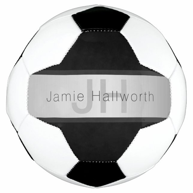 Your Name & Monogram | Greys & Faux Silver Look Soccer Ball (Front)