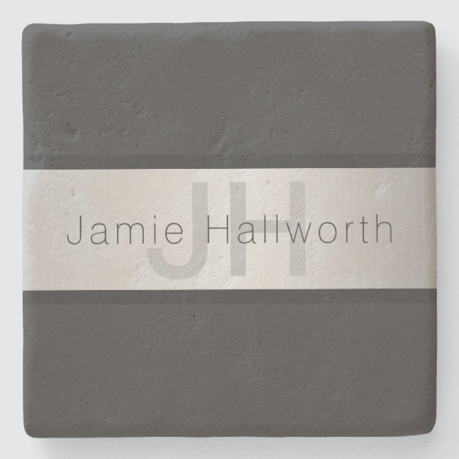 Your Name & Monogram | Greys & Faux Silver Look Stone Coaster (Front)
