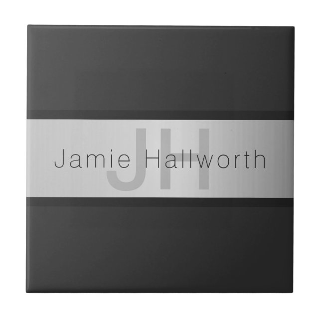 Your Name & Monogram | Greys & Faux Silver Look Tile (Front)