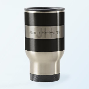 Your Name & Monogram Greys & Faux Silver Look Travel Mug