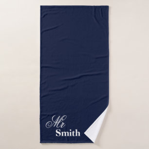 Your Name Mr Smith White Typography Navy Bath Towel
