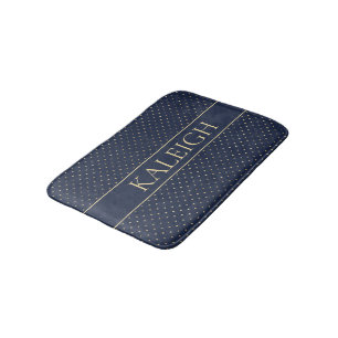 Your Name Navy Blue Gold Polka Dots Bath Mat