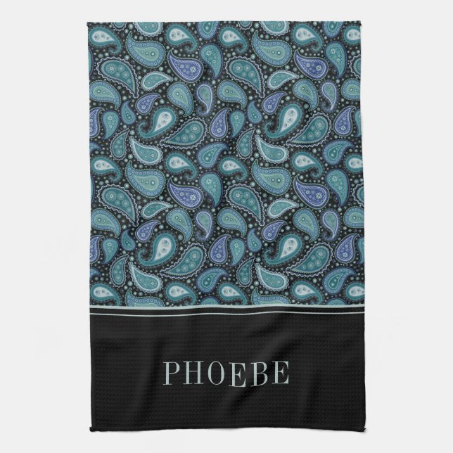 Your Name On Eleagant Retro Blue Paisley Pattern Kitchen Towel (Vertical)