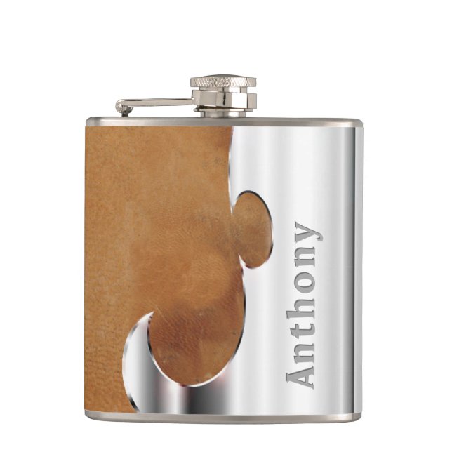 Your Name on Handsome Leather and Chrome Flask (Front)