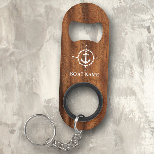 Your Name or Boat Name Compass Anchor Wood Style Keychain Bottle Opener