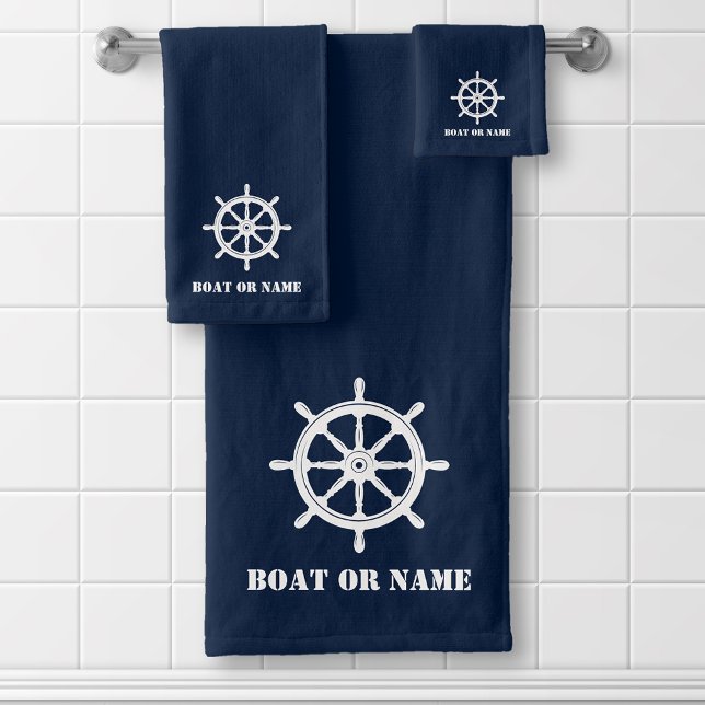 Your Name or Boat Nautical Ships Wheel Helm Blue Bath Towel Set (Creator Uploaded)