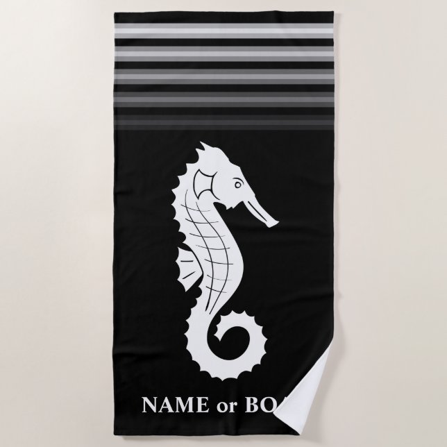 Your Name or Boat Seahorse Black White Stripe Beach Towel (Front)