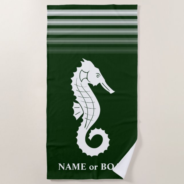 Your Name or Boat Seahorse Forest Green White Beach Towel (Front)