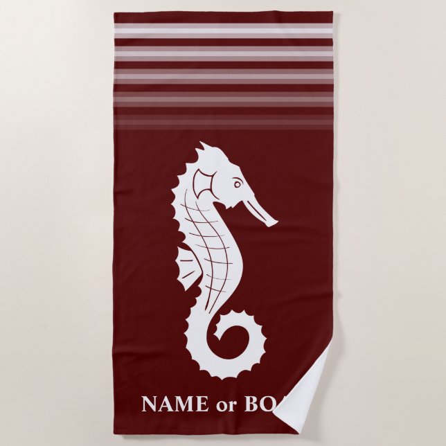 Your Name or Boat Seahorse Rose Red White Stripes Beach Towel (Front)