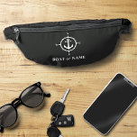 Your Name or Boat Stylish Nautical Compass Anchor  Fanny Pack<br><div class="desc">A nautical themed travel fanny pack with your personalized name, boat name, favourite sailing location or other desired text. This stylish design features a custom boat anchor and compass in white highlighted by the bags rich black colour. You can easily edit the design and change the pouch colours to any...</div>