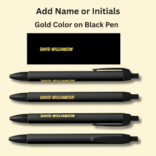 Your Name or Initials Orange Gold Letters on Black Ink Pen
