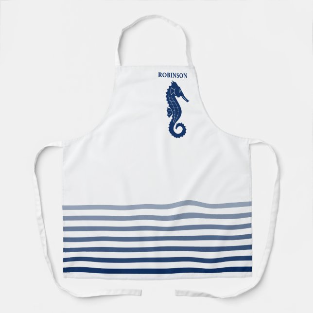 Your Name or Text Seahorse Navy Blue White Striped Apron (Front)