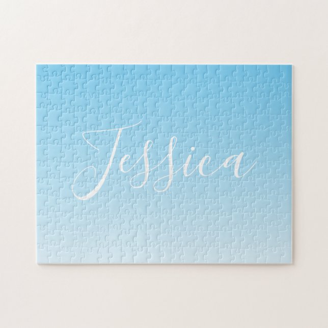 Your Name or Word | Sky Blue Ombre Gradient Jigsaw Puzzle (Horizontal)