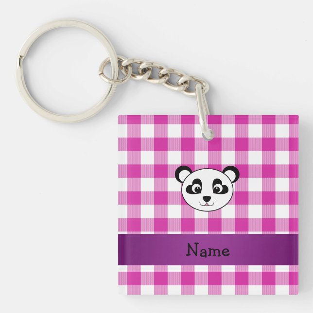Your name panda bear head pink gingham checkers keychain (Front)