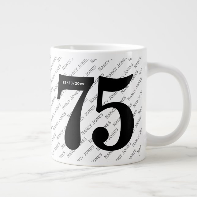Your Name Pattern - Black/White - Bold Age 75 Large Coffee Mug (Right)