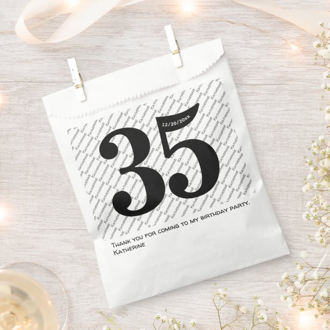 Your Name Pattern Bold Black Age 35 Number Date Favour Bag (Clipped)