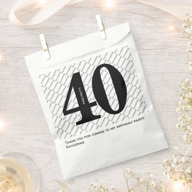 Your Name Pattern Bold Black Age 40 Number Date Favour Bag (Clipped)