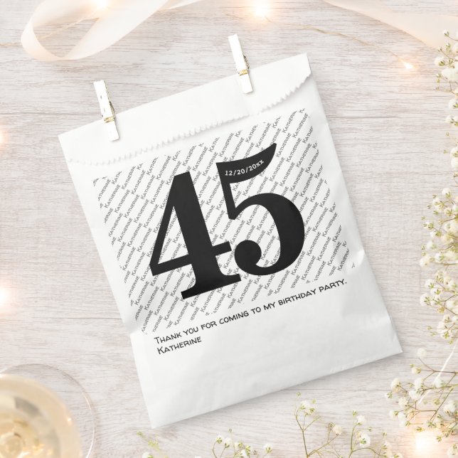 Your Name Pattern Bold Black Age 45 Number Date Favour Bag (Clipped)