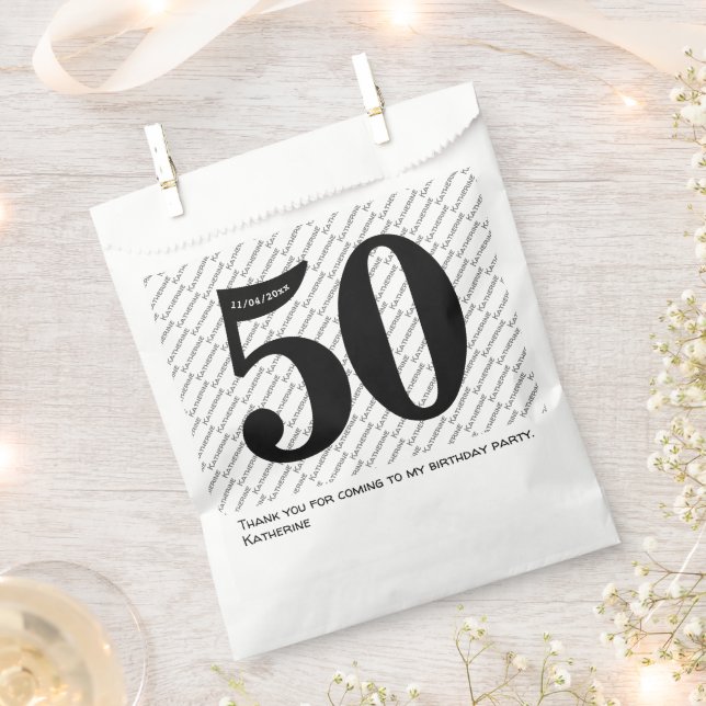 Your Name Pattern Bold Black Age 50 Number Date Favour Bag (Clipped)
