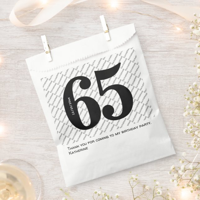 Your Name Pattern Bold Black Age 65 Number Date Favour Bag (Clipped)