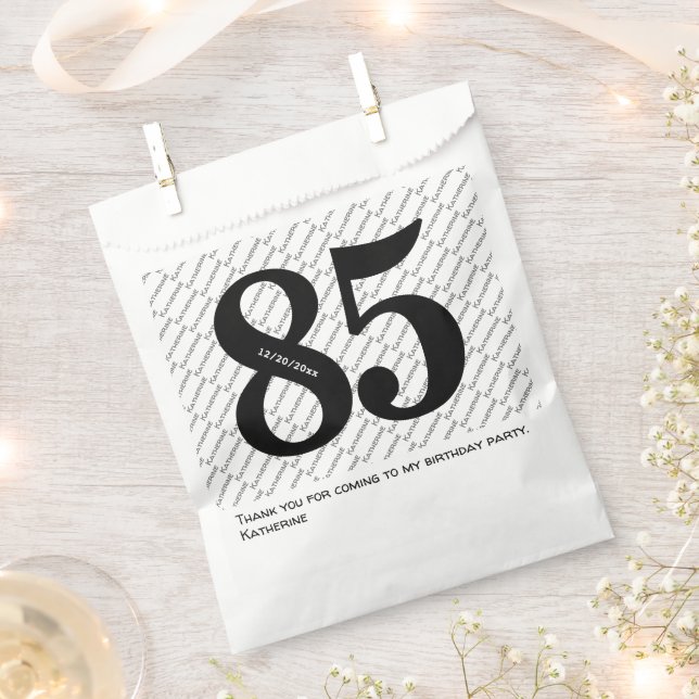 Your Name Pattern Bold Black Age 85 Number Date Favour Bag (Clipped)