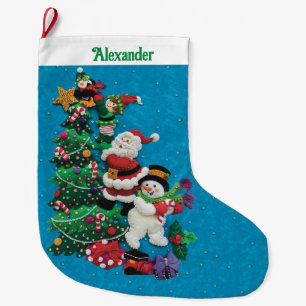 Your Name Personalize Fun Santa Snowman Blue Green Large Christmas Stocking