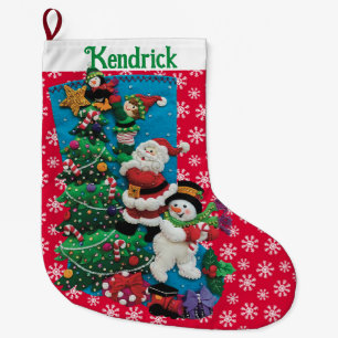 Your Name Personalize Fun Santa Snowman Red Green Large Christmas Stocking