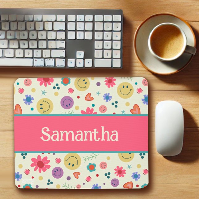 Your Name Pink Colourful Hearts Smiles Inspirivity Mouse Pad (Creator Uploaded)